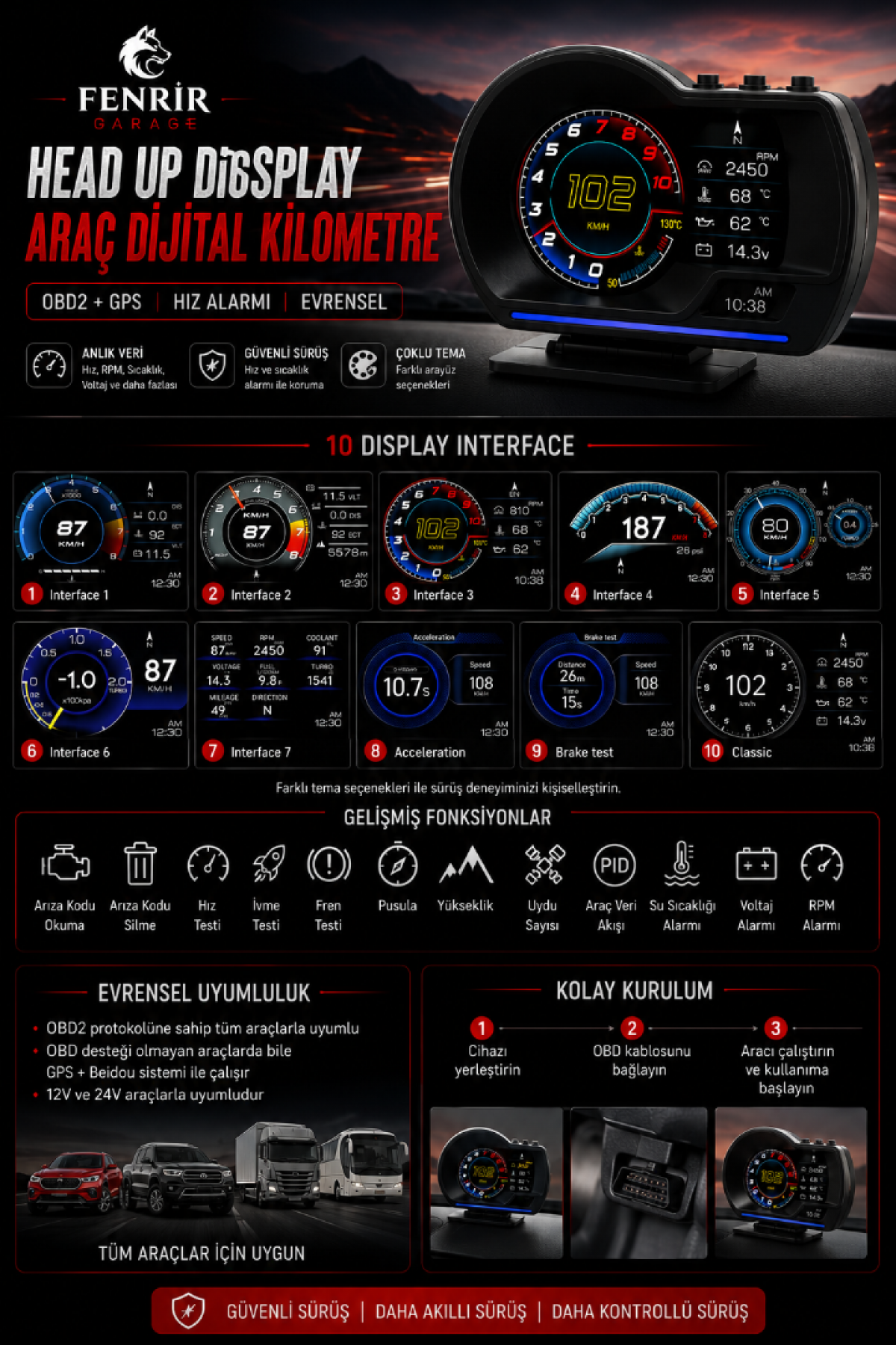 Head Up Display Araç Dijital Kilometre OBD2 + GPS HUD Hız Alarmı RPM Su Sıcaklığı Basınç Evrensel Head Up Display Araç Dijital Kilometre OBD2 + GPS HUD Hız Alarmı RPM Su Sıcaklığı Basınç Evrensel