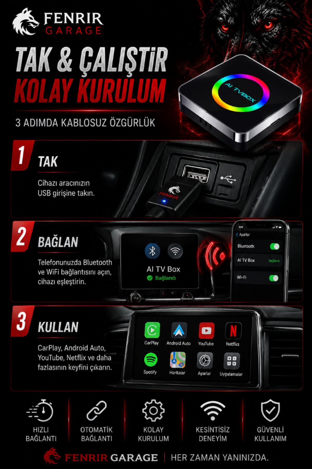 CarPlay Ai Box Youtube, Netflix,& Kablosuz Carplay & Android Auto 4+64 ANDROİD 14
