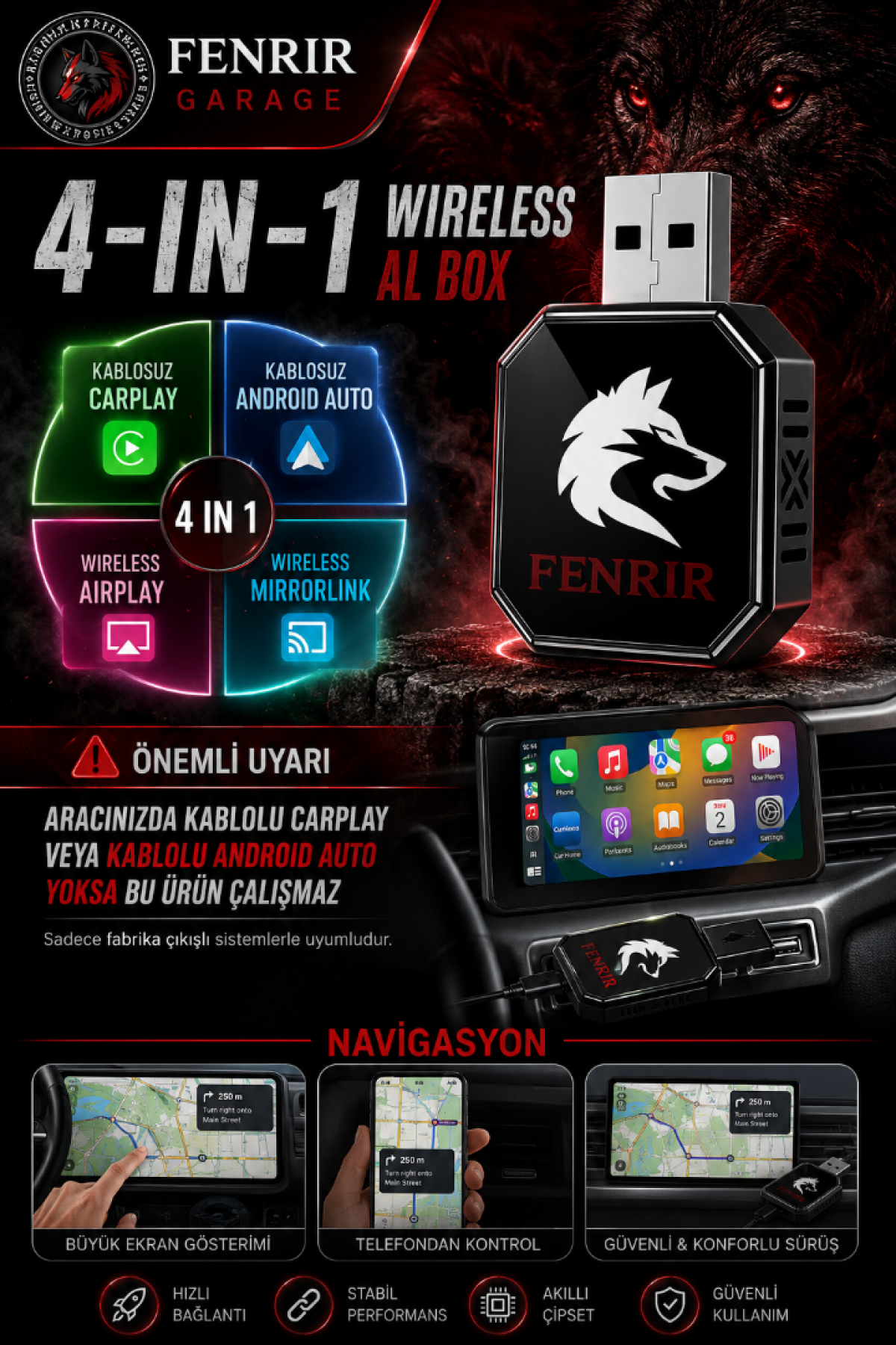 AI Box Kablosuz Araç Ekran Yanstıcı ve Carplay Adaptörü, Kablosuz Dönüştürücü 4in1 İOS & ANDROİD AI Box Kablosuz Araç Ekran Yanstıcı ve Carplay Adaptörü, Kablosuz Dönüştürücü 4in1 İOS & ANDROİD