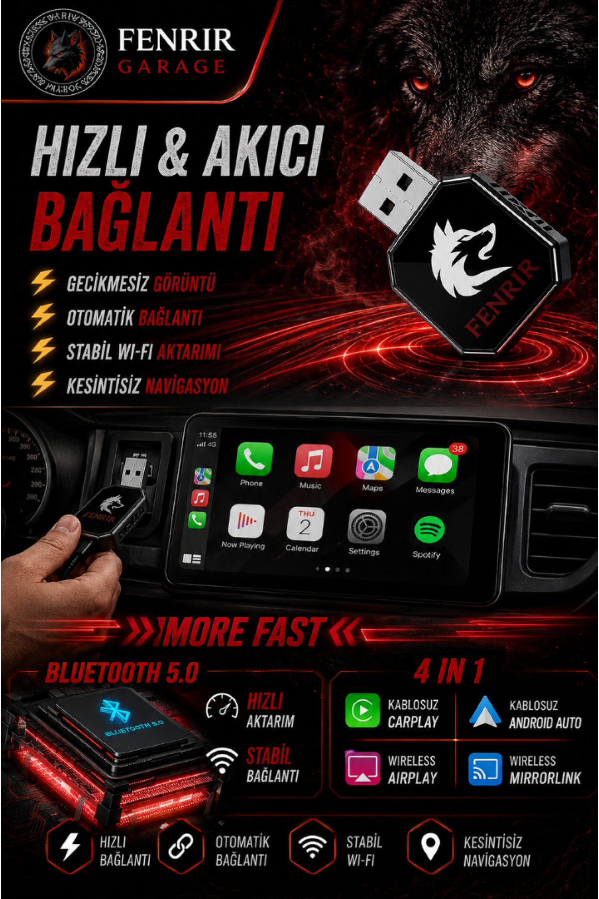 AI Box Kablosuz Araç Ekran Yanstıcı ve Carplay Adaptörü, Kablosuz Dönüştürücü 4in1 İOS & ANDROİD AI Box Kablosuz Araç Ekran Yanstıcı ve Carplay Adaptörü, Kablosuz Dönüştürücü 4in1 İOS & ANDROİD