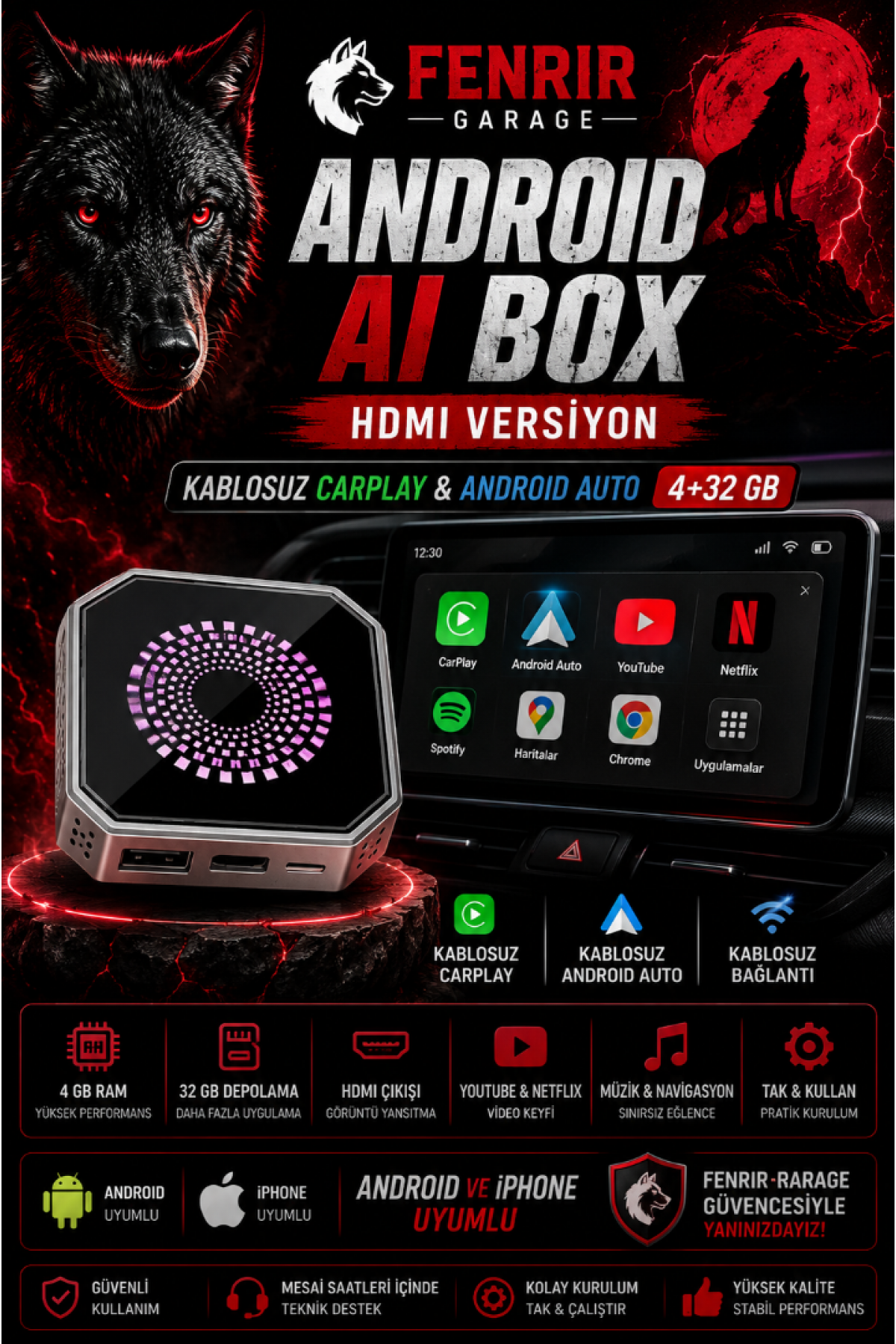 FENRIR GARAGE 4+32 GB HDMI Destekli Android AI Box Kablosuz CarPlay Android Auto YouTube Netflix HDMI Versiyon FENRIR GARAGE 4+32 GB HDMI Destekli Android AI Box Kablosuz CarPlay Android Auto YouTube Netflix HDMI Versiyon