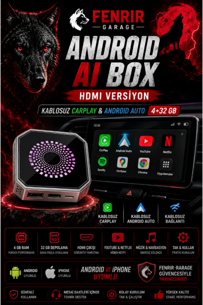 FENRIR GARAGE 4+32 GB HDMI Destekli Android AI Box Kablosuz CarPlay Android Auto YouTube Netflix HDMI Versiyon