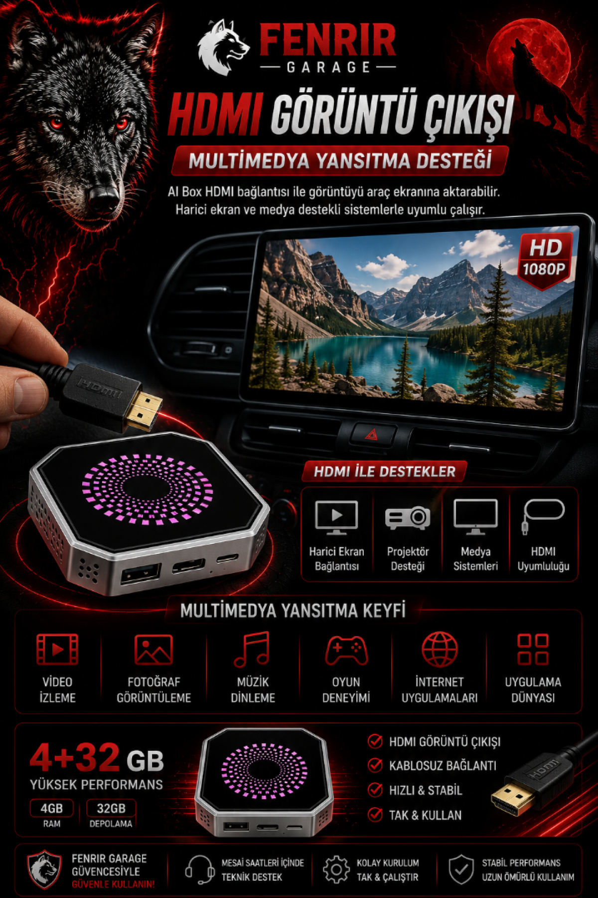 FENRIR GARAGE 4+32 GB HDMI Destekli Android AI Box Kablosuz CarPlay Android Auto YouTube Netflix HDMI Versiyon FENRIR GARAGE 4+32 GB HDMI Destekli Android AI Box Kablosuz CarPlay Android Auto YouTube Netflix HDMI Versiyon