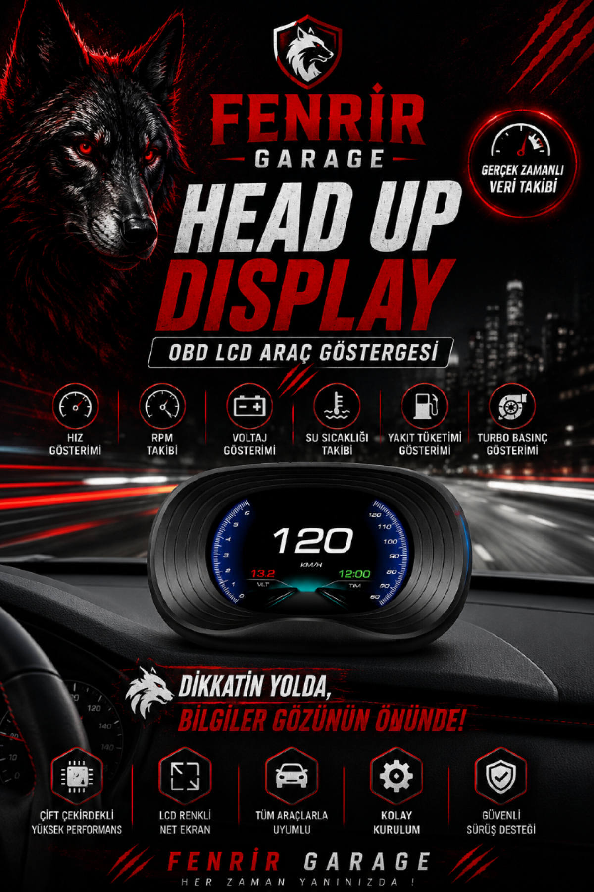 FENRIR GARAGE Head Up Display OBD LCD Araç Göstergesi Dijital Hız Göstergesi RPM Voltaj Su Sıcaklığı Yakıt Tüketimi OBD + EOBD Destekli