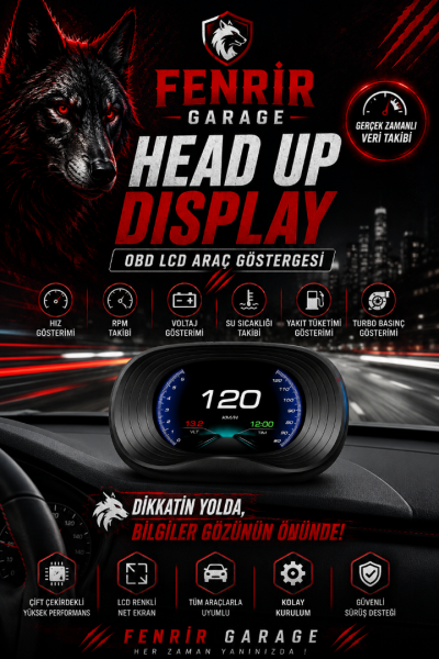 FENRIR GARAGE Head Up Display OBD LCD Araç Göstergesi Dijital Hız Göstergesi RPM Voltaj Su Sıcaklığı Yakıt Tüketimi OBD + EOBD Destekli