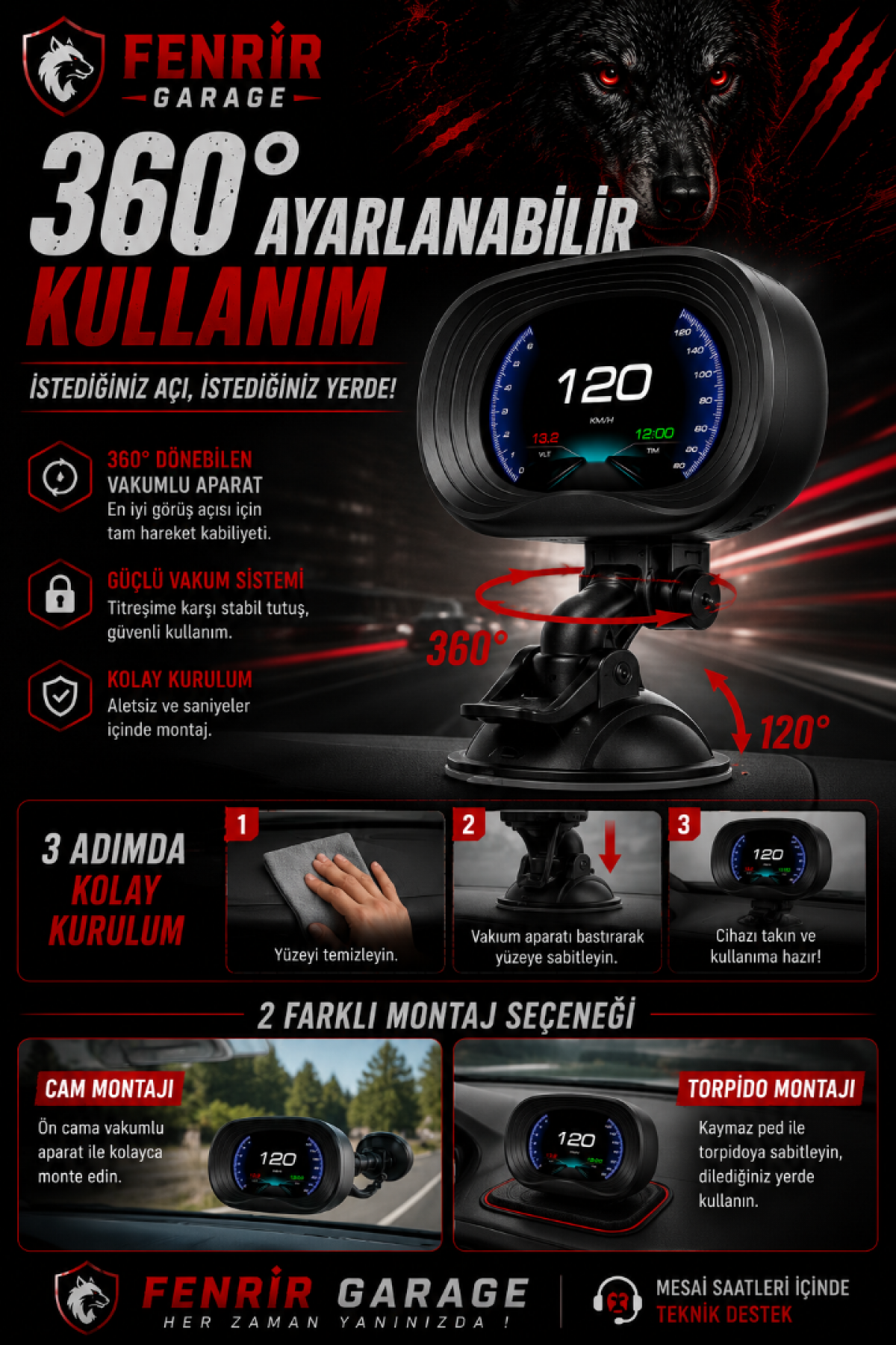 FENRIR GARAGE Head Up Display OBD LCD Araç Göstergesi Dijital Hız Göstergesi RPM Voltaj Su Sıcaklığı Yakıt Tüketimi OBD + EOBD Destekli