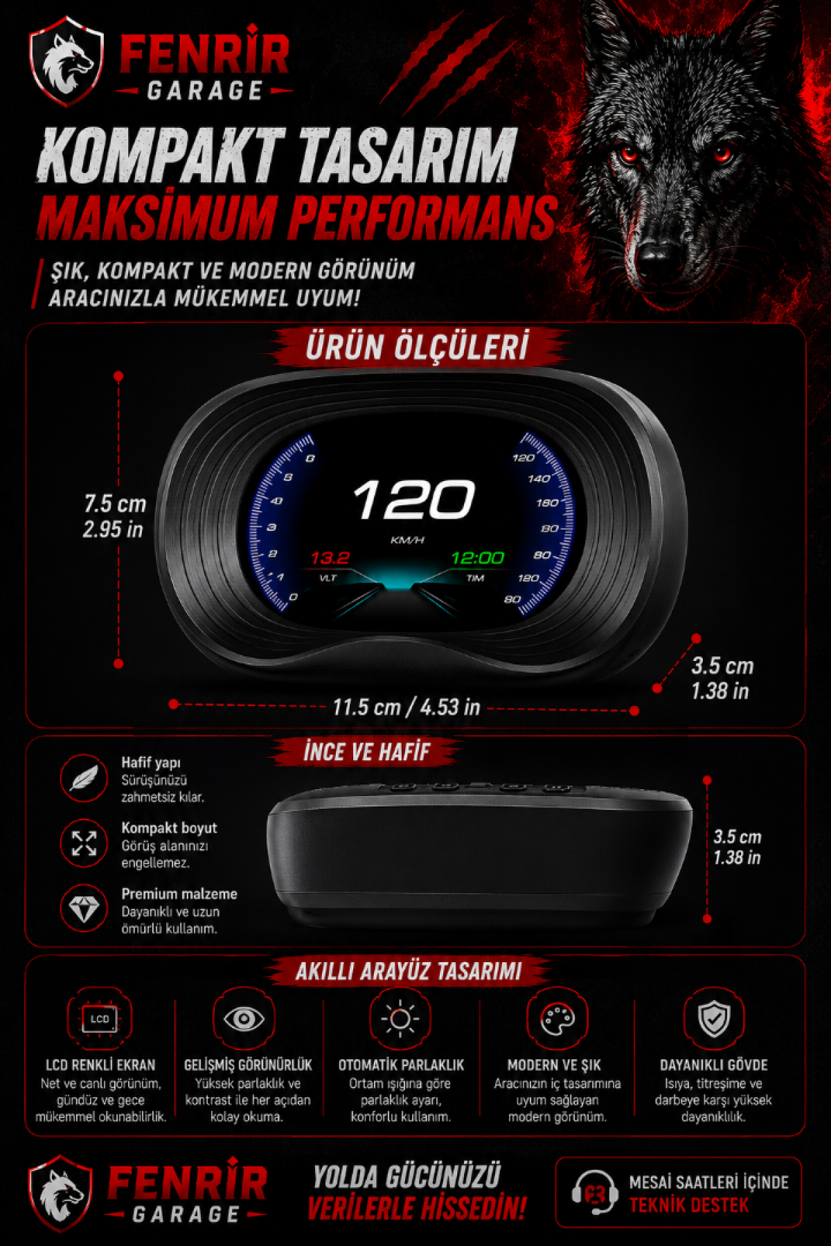 FENRIR GARAGE Head Up Display OBD LCD Araç Göstergesi Dijital Hız Göstergesi RPM Voltaj Su Sıcaklığı Yakıt Tüketimi OBD + EOBD Destekli