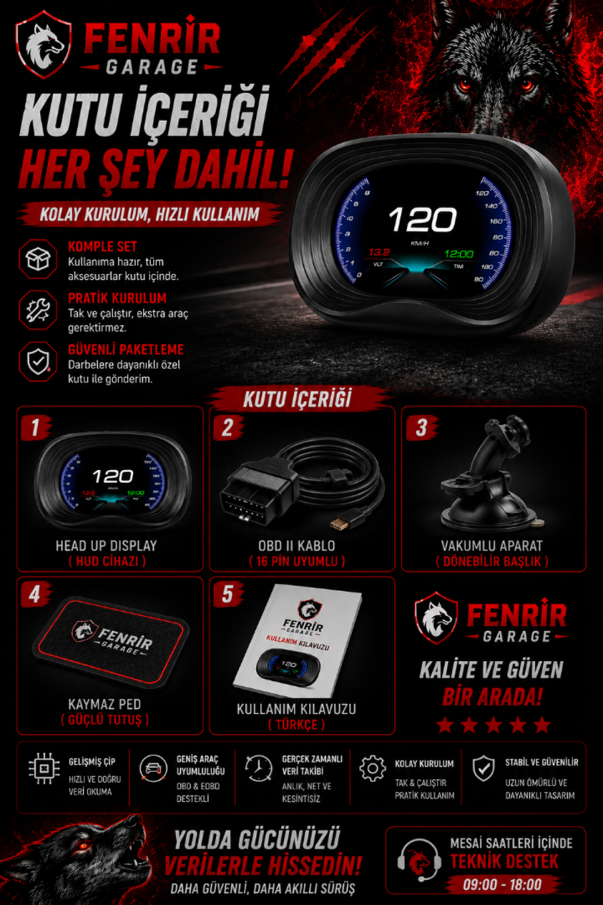 FENRIR GARAGE Head Up Display OBD LCD Araç Göstergesi Dijital Hız Göstergesi RPM Voltaj Su Sıcaklığı Yakıt Tüketimi OBD + EOBD Destekli