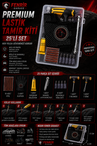 Premium 25li Set Ağır Hizmet Tipi Lastik Tamir Seti