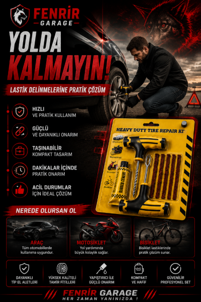 Ağır Hizmet Tipi Lastik Tamir Kiti Profesyonel Yama Seti Araç, Motosiklet ve Bisiklet Uyumlu