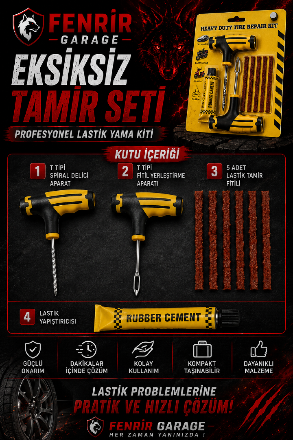 Ağır Hizmet Tipi Lastik Tamir Kiti Profesyonel Yama Seti Araç, Motosiklet ve Bisiklet Uyumlu