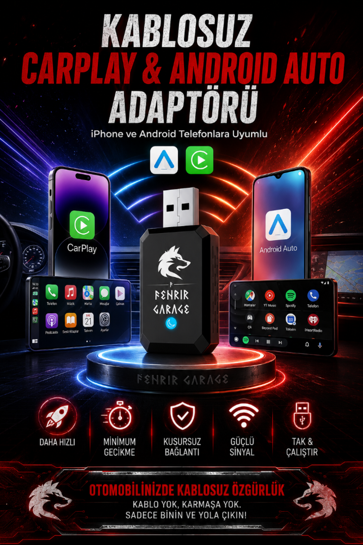 Kablosuz CarPlay ve AndroidAuto Çevirici - Apple ve Andriod Uyumlu Fenrir Dongle Kablosuz CarPlay ve AndroidAuto Çevirici - Apple ve Andriod Uyumlu Fenrir Dongle