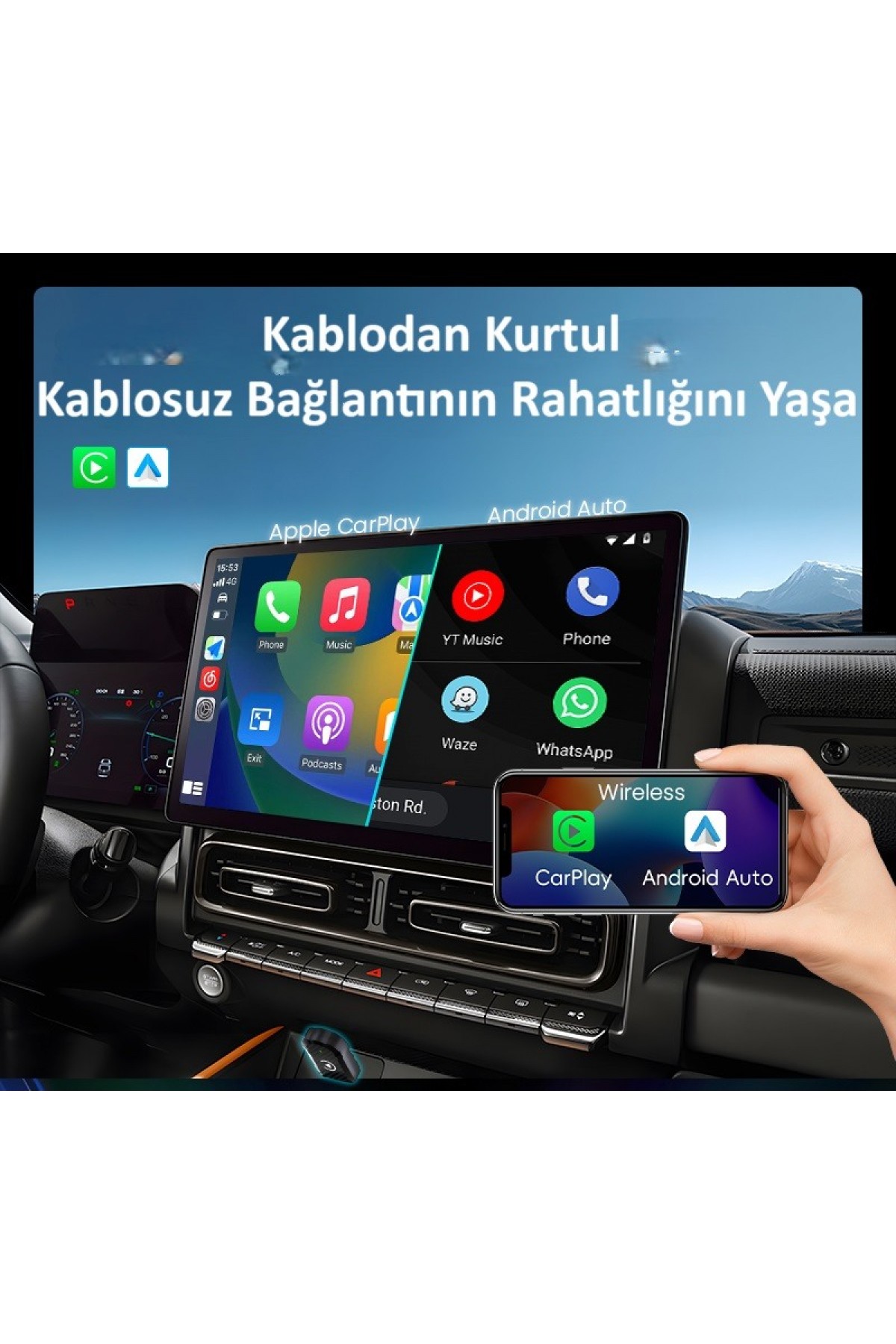 Kablosuz CarPlay ve AndroidAuto Çevirici - Apple ve Andriod Uyumlu Fenrir Dongle