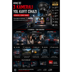 Araç Içi 3 Kameralı Yol Kayıt Cihazı 1080P Sonsuz Döngü Kayıt