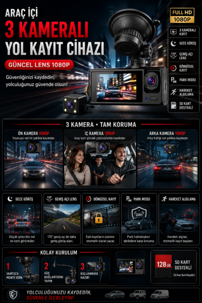 Araç Içi 3 Kameralı Yol Kayıt Cihazı 1080P Sonsuz Döngü Kayıt