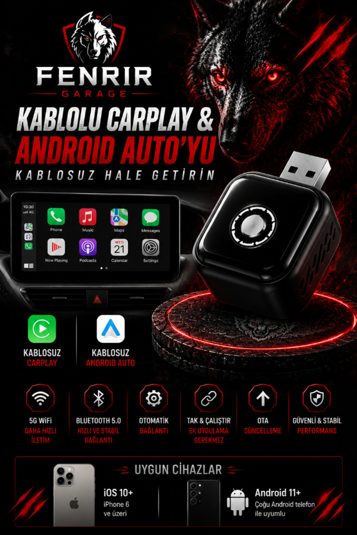 Kablosuz Car Play Adaptörü İos Ve Android Cihazlar Için, Wireless Carplay Çevirici Özel Model