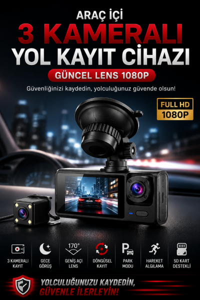 Araç Içi 3 Kameralı Yol Kayıt Cihazı 1080P Sonsuz Döngü Kayıt Araç Içi 3 Kameralı Yol Kayıt Cihazı 1080P Sonsuz Döngü Kayıt