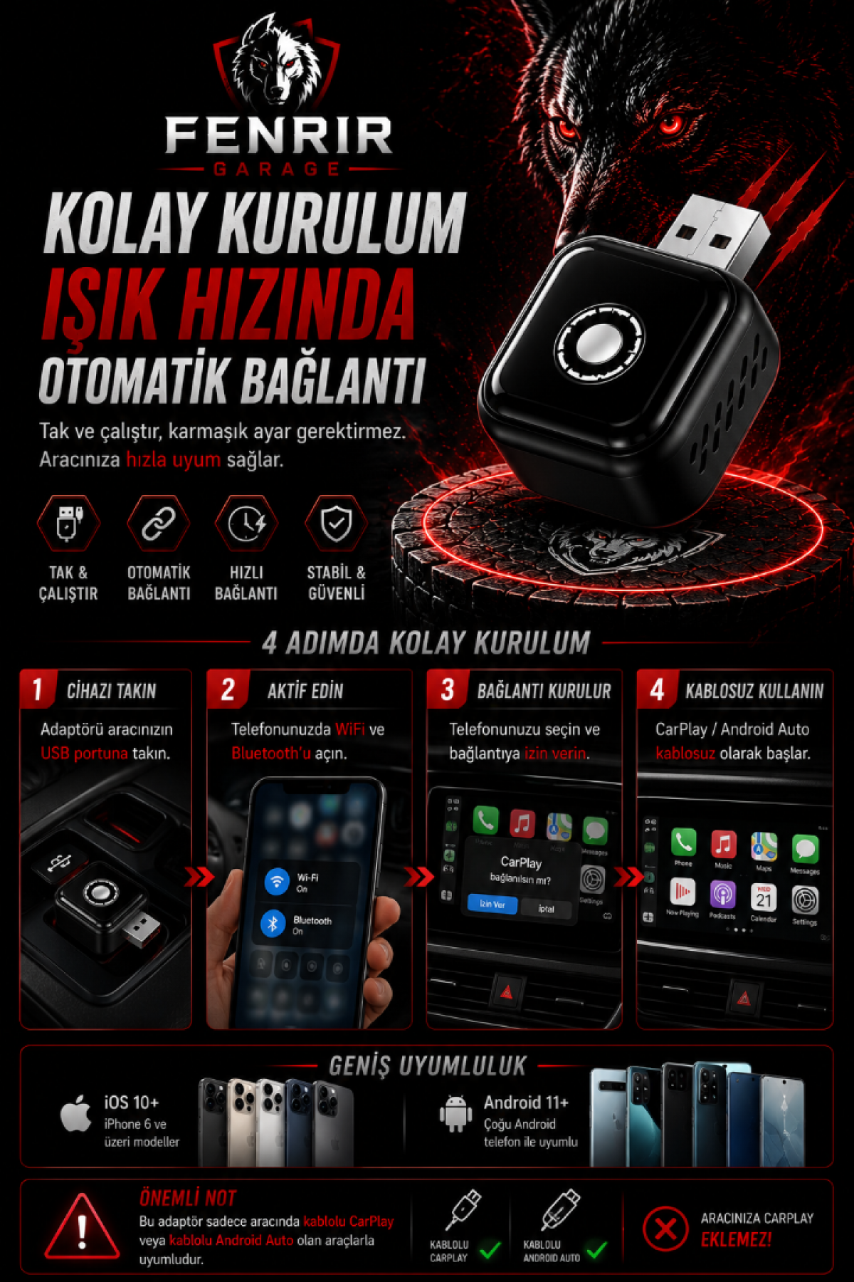 Kablosuz Car Play Adaptörü İos Ve Android Cihazlar Için, Wireless Carplay Çevirici Özel Model