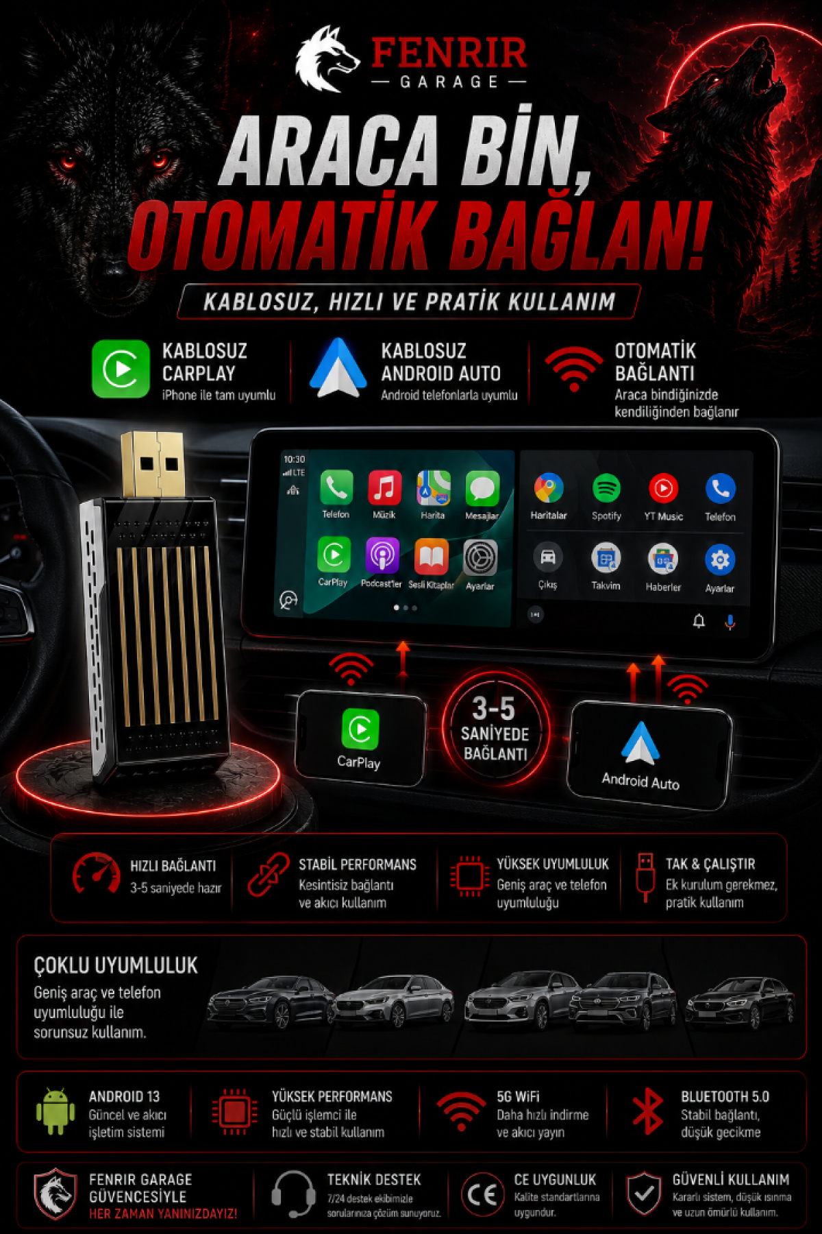 Android AI Kutusu Kablosuz CarPlay / Android Auto YouTube Netflix Uyumlu